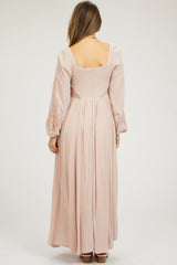 Light Pink Lace Accent Long Sleeve Maternity Maxi Dress