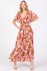 Pink Floral Deep V-Neck Ruffle Maternity Midi Dress