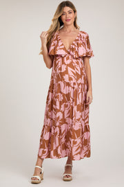 Pink Floral Deep V-Neck Ruffle Maternity Midi Dress