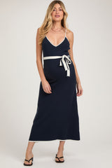 Navy Contrast Piping Maternity Midi Dress