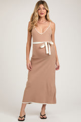 Taupe Contrast Piping Maternity Midi Dress