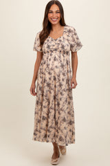 Cream Floral Smocked Short Puff Sleeve Maternity Midi Dress