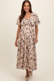 Cream Floral Smocked Short Puff Sleeve Maternity Midi Dress