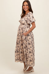 Cream Floral Smocked Short Puff Sleeve Maternity Midi Dress