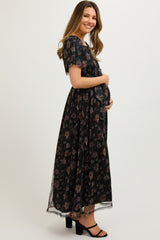 Black Floral Waist Tie Maternity Midi Dress