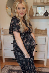 Black Floral Waist Tie Maternity Midi Dress