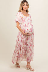 Red Puff Sleeve Square Neck Maternity Dress