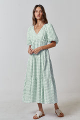 Light Olive Gingham Puff Sleeve Maternity Tiered Midi Dress