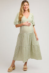 Light Olive Gingham Puff Sleeve Maternity Tiered Midi Dress