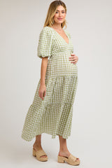 Light Olive Gingham Puff Sleeve Maternity Tiered Midi Dress