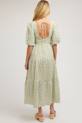 Light Olive Gingham Puff Sleeve Maternity Tiered Midi Dress