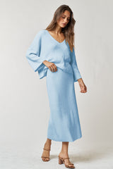 Light Blue V-Neck Knit Maternity Skirt Set