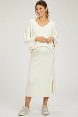 Cream V-Neck Knit Maternity Skirt Set