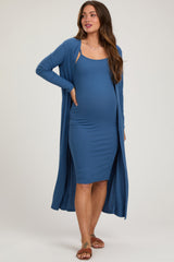 Blue Ribbed Cardigan 2 Piece Maternity Set