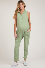 Light Olive Hooded Button Up Maternity Jumpsuit