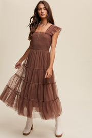 Mocha Smocked Ruffle Tiered Mesh Midi Maxi Dress