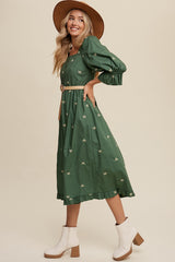 Green Ribbon Embroidered Square Neck Maxi Dress