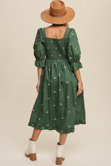 Green Ribbon Embroidered Square Neck Maxi Dress