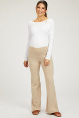 Beige Heathered Flare Leg Fold Over Maternity Leggings