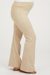 Beige Heathered Flare Leg Fold Over Maternity Leggings