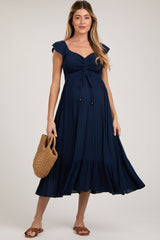 Navy Smocked Ruched Ruffle Hem Maternity Maxi Dress