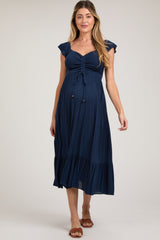 Navy Smocked Ruched Ruffle Hem Maternity Maxi Dress