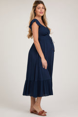 Navy Smocked Ruched Ruffle Hem Maternity Maxi Dress