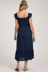 Navy Smocked Ruched Ruffle Hem Maternity Maxi Dress