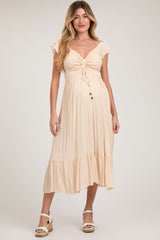 Beige Smocked Ruched Ruffle Hem Maternity Maxi Dress