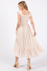 Beige Smocked Ruched Ruffle Hem Maxi Dress