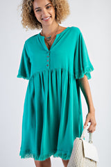 Jade Button Front Frayed Dress