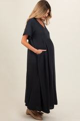 Charcoal Gauze Short Sleeve Maternity Midi Dress