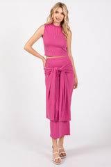 Fuchsia Ribbed Crop Front Knot Midi Skirt Set