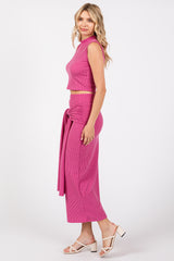 Fuchsia Ribbed Crop Front Knot Midi Skirt Set