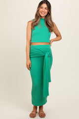 Green Ribbed Crop Front Knot Midi Skirt Maternity Set