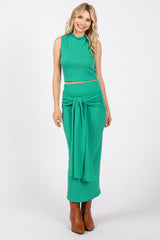 Green Ribbed Crop Front Knot Midi Skirt Maternity Set