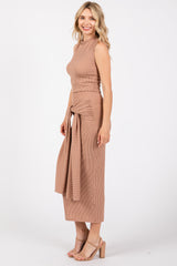 Mocha Ribbed Crop Front Knot Midi Skirt Set