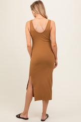 Camel Short Sleeve Ruched Maternity Dress