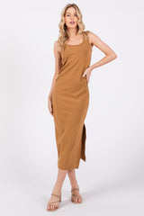 Camel Short Sleeve Ruched Dress