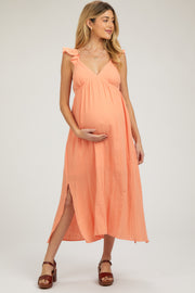 Orange Ruffle Strap Maternity Midi Dress