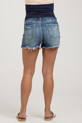 Blue Distressed Fringe Hem Maternity Jean Shorts