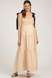 Taupe Contrast Shoulder Straps Maternity Maxi Dress