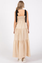 Taupe Contrast Shoulder Straps Maxi Dress