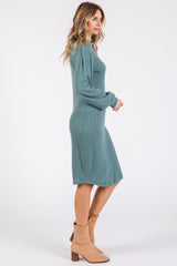 Teal Ribbed Long Sleeve Mock Neck Dress