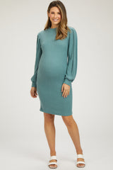 Teal Ribbed Long Sleeve Mock Neck Maternity Dress