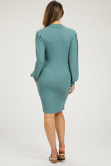 Teal Ribbed Long Sleeve Mock Neck Maternity Dress