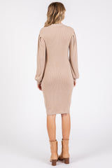 Beige Ribbed Long Sleeve Mock Neck Dress