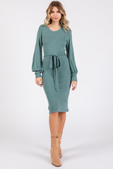 Green Soft Brushed Waist Tie Bubble Sleeve Dress