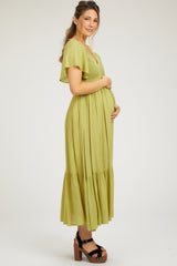 Green Smocked Flutter Sleeve Maternity Midi Dress