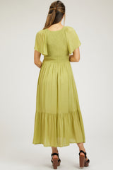 Green Smocked Flutter Sleeve Maternity Midi Dress